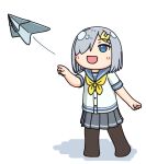  1girl black_legwear blue_eyes commentary_request grey_hair grey_sailor_collar grey_skirt hair_ornament hair_over_one_eye hairclip hama!_(3toshinhmkz) hamakaze_(kancolle) kantai_collection neckerchief no_nose pantyhose paper_airplane pleated_skirt sailor_collar school_uniform serafuku short_hair simple_background skirt solo standing white_background yellow_neckerchief 