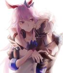  1boy 1girl animal_ears bangs black_gloves black_jacket closed_mouth commission eucacell fox_ears gloves hair_ornament headphones headphones_around_neck highres honkai_(series) honkai_impact_3rd hug hug_from_behind jacket kalpas_(honkai_impact) long_hair looking_at_viewer mask pink_hair purple_eyes shirt simple_background sleeves_past_elbows third-party_source white_background white_gloves white_hair white_shirt yae_sakura yae_sakura_(goushinnso_memento) 