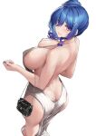  1girl ass azur_lane backless_dress backless_outfit bangs bare_arms bare_back bare_shoulders blue_hair blue_nails blush breasts butt_crack chain closed_mouth commentary covered_nipples dress eyebrows_visible_through_hair fingernails from_behind hair_over_one_eye halterneck hand_bag highres large_breasts lips long_hair looking_at_viewer looking_back nail_polish official_alternate_costume purple_eyes rebutsu revealing_clothes shiny shiny_hair shiny_skin side_ponytail silver_dress simple_background solo st._louis_(azur_lane) st._louis_(luxurious_wheels)_(azur_lane) thighs white_background 