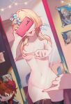  1girl 2boys aether_(genshin_impact) covering covering_crotch covering_face covering_nipples elpheltel flower genshin_impact hair_flower hair_ornament highres holding holding_phone lumine_(genshin_impact) mirror multiple_boys nude one_finger_selfie_challenge phone short_hair_with_long_locks stuffed_toy tartaglia_(genshin_impact) thighhighs tongue tongue_out white_flower 