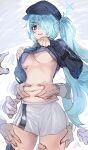  1girl blue_archive blue_hair bow_(bhp) breasts clothes_lift disembodied_limb groping hair_ornament hair_over_one_eye hairclip hat hetero hiyori_(blue_archive) large_breasts lifted_by_self long_hair long_sleeves multiple_boys navel parted_lips skirt solo_focus thigh_grab underboob very_long_hair white_skirt 