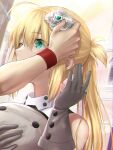  1girl ahoge artoria_caster_(fate) artoria_caster_(first_ascension)_(fate) artoria_pendragon_(fate) bangs bare_shoulders blonde_hair blush closed_mouth collarbone emiya_shirou eyebrows_visible_through_hair fate/grand_order fate_(series) gloves green_eyes hair_between_eyes hair_ornament highres leather leather_gloves long_hair ribbon senji_muramasa_(fate) shakuyouka simple_background solo 