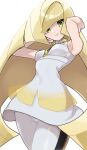  1girl bangs bare_arms blonde_hair blunt_bangs breasts cameltoe closed_mouth covered_navel diamond_(shape) dress fu_(tk1189227dhy) gem glint green_eyes green_gemstone hands_up highres leggings long_hair looking_at_viewer lusamine_(pokemon) pokemon pokemon_(game) pokemon_sm shiny shiny_hair short_dress simple_background sleeveless sleeveless_dress smile solo symbol-only_commentary very_long_hair white_background white_dress white_legwear 
