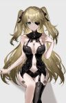  1girl alternate_costume bare_arms bare_shoulders black_legwear black_leotard blonde_hair breasts center_opening cleavage closed_mouth fischl_(genshin_impact) garter_straps genshin_impact green_eyes highres knee_up large_breasts leotard long_hair looking_at_viewer navel one_eye_covered raiya_atelier revealing_clothes simple_background single_thighhigh sitting smile solo thighhighs two_side_up very_long_hair white_background 