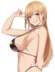  1girl :d absurdres arm_behind_back arm_up bangs bare_shoulders bikini black_bikini black_choker blonde_hair bouhatei_(t-back) choker ear_piercing eyebrows_visible_through_hair fingernails floral_print from_side grin highres kitagawa_marin long_fingernails long_hair looking_at_viewer looking_to_the_side nail_polish parted_lips piercing pink_nails print_bikini red_eyes simple_background smile solo sono_bisque_doll_wa_koi_wo_suru strap_gap swimsuit v very_long_hair white_background 