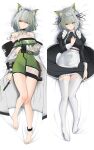  1girl animal_ear_fluff animal_ears arknights arm_under_breasts bangs bare_shoulders barefoot bed_sheet breasts buckle cat_ears cleavage closed_mouth coat collarbone dakimakura_(medium) dress eyebrows_visible_through_hair full_body green_dress green_eyes grey_hair groin highres holding holding_syringe jewelry kal&#039;tsit_(arknights) long_sleeves looking_at_viewer lying medium_breasts no_panties on_back on_bed open_clothes open_coat oripathy_lesion_(arknights) ring see-through short_dress short_hair solo syringe v-shaped_eyebrows watch white_coat wristwatch z.taiga 
