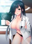  1girl absurdres black_hair black_panties blush breasts buttons cleavage collarbone collared_shirt commission cowboy_shot cup eyebrows_visible_through_hair hair_over_one_eye hair_ribbon hayashimo_(kancolle) highres holding holding_cup kantai_collection large_breasts long_hair long_sleeves navel open_clothes open_mouth open_shirt panties pixiv_request ribbon ruin_re_birth shirt smile solo underwear white_ribbon white_shirt yellow_eyes 