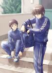 2boys bag bangs blue_footwear brown_eyes brown_hair commentary_request eyebrows_visible_through_hair gym_uniform highres holding holding_bag ishiyuki00 jacket koizumi_itsuki kyon long_sleeves looking_at_another looking_down male_focus multiple_boys outdoors pants revision school_bag shoes short_hair sitting smile sneakers stairs standing suzumiya_haruhi_no_yuuutsu track_jacket track_pants track_suit tying_footwear 