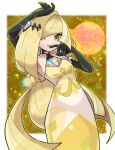  1girl arm_up black_gloves blonde_hair border commentary_request dress elbow_gloves eyelashes fu_(tk1189227dhy) gloves green_eyes hair_ornament hand_up long_hair lusamine_(pokemon) official_alternate_costume parted_lips pokemon pokemon_(game) pokemon_masters_ex smile solo sparkle white_border yellow_dress 