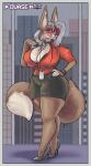  2022 anthro big_breasts bottomwear breasts canid canine canis cleavage clothed clothing duase eyewear female glasses grey_hair hair hand_on_hip hi_res high_heels mammal pencil_skirt skirt solo standing thick_thighs topwear wolf zinny_(duase) 