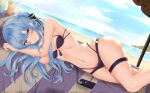  1girl absurdres bangs beach beach_towel bikini black_bikini blue_eyes blue_hair blue_sky blush breasts cellphone cloud commentary_request cup day drink drinking_glass drinking_straw eyebrows_visible_through_hair food fruit grin hair_between_eyes highres hololive hoshimachi_suisei lens_flare long_hair looking_at_viewer lying multi-strapped_bikini navel ocean on_side orange_(fruit) orange_slice parted_lips phone shinigami_kiraki sky small_breasts smartphone smile solo star_(symbol) star_in_eye stomach swimsuit symbol_in_eye thigh_strap towel virtual_youtuber 