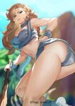  1girl absurdres aqua_eyes artist_name ass ayla_(chrono_trigger) bangs bare_shoulders blonde_hair breasts chrono_trigger club_(weapon) commentary_request fur_trim hand_on_hip highres kagematsuri long_hair looking_at_viewer looking_back medium_breasts midriff miniskirt navel panties parted_lips signature simple_background skirt solo stomach strapless thighs tube_top twisted_torso underwear watermark weapon wristband 