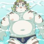  2022 anthro belly big_belly blush bulge clothing felid hi_res kemono licho_(tas) lifewonders male mammal moobs navel nipples overweight overweight_male pantherine ptcmtr solo tiger tokyo_afterschool_summoners underwear video_games water white_body 