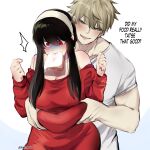  1boy 1girl absurdres bangs bare_shoulders belly_grab black_hair blonde_hair blush bread breasts earrings english_text flirting food food_in_mouth hair_between_eyes hairband hetero highres jewelry kurenaiz1 large_breasts long_hair mouth_hold pinching plump red_eyes sidelocks smile spy_x_family surprised toast toast_in_mouth twilight_(spy_x_family) weight_conscious yor_briar 