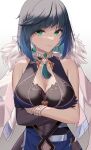  1girl bakemonsou bangs bare_arms black_gloves blue_hair breast_hold breasts chinese_clothes cleavage crossed_arms diagonal_bangs dice earrings elbow_gloves eyebrows_visible_through_hair fur_coat fur_trim gem genshin_impact gloves green_eyes highres jewelry large_breasts looking_at_viewer mole mole_on_breast simple_background single_glove sleeveless solo tassel yelan_(genshin_impact) 