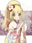  1girl blonde_hair blush braid commentary_request eyelashes floral_print flower fu_(tk1189227dhy) green_eyes hair_flower hair_ornament hands_up japanese_clothes kimono lillie_(pokemon) looking_at_viewer official_alternate_costume own_hands_together parted_lips pokemon pokemon_(game) pokemon_masters_ex ponytail sash smile solo upper_body white_flower wide_sleeves yellow_kimono 