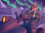  anthro aurora_borealis blonde_hair blue_eyes bottomwear brown_body brown_fur canid canine clothed clothing coat female fox fully_clothed fur hair half-closed_eyes hi_res looking_at_viewer lordflawn mammal mountain multicolored_body multicolored_fur narrowed_eyes night outside pants raised_leg sitting sky smile smiling_at_viewer snow snowmobile star starry_sky telia_(beard_of_socrates) topwear two_tone_body two_tone_fur 