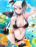  1girl anchor_symbol antenna_hair armpits ass_visible_through_thighs azur_lane bangs bikini black_bikini black_choker black_ribbon breasts choker cleavage collarbone commentary_request covered_nipples cross dermar flag_print food fruit german_flag german_flag_bikini grey_hair hair_ribbon highres kiwi_slice large_breasts long_hair looking_at_viewer mole mole_on_breast navel orange_(fruit) pineapple prinz_eugen_(azur_lane) prinz_eugen_(unfading_smile)_(azur_lane) ribbon side-tie_bikini sky smile solo standing summer swept_bangs swimsuit thigh_strap very_long_hair yellow_eyes 