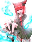  1girl animal_ears black_bow blood blood_on_clothes bow braid cat_ears cat_tail dress extra_ears eyebrows_visible_through_hair fire green_dress hair_bow highres hitodama kaenbyou_rin light_smile long_hair long_sleeves looking_at_viewer multiple_tails puffy_sleeves red_eyes red_hair simple_background sitting skull solo tail touhou twin_braids white_background zasco_fox 