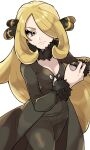  1girl blonde_hair breasts cleavage closed_mouth coat commentary_request cynthia_(pokemon) eyelashes fu_(tk1189227dhy) fur-trimmed_coat fur_collar fur_trim grey_eyes hair_ornament hair_over_one_eye hand_up highres holding holding_poke_ball long_hair long_sleeves looking_at_viewer pants poke_ball pokemon pokemon_(game) pokemon_dppt shirt simple_background smile solo ultra_ball v-neck wavy_hair white_background 
