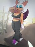  anthro big_breasts bodily_fluids bra breasts chiropteran clothed clothing female gloves gym handwear hi_res makeup mammal membrane_(anatomy) membranous_wings nubiananan rouge_the_bat sega solo sonic_the_hedgehog_(series) sweat sweatpants underwear wings 