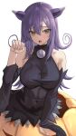  1girl :o animal_ears bangs bare_shoulders black_dress blair_(soul_eater) blush breasts cat_ears cat_girl detached_sleeves dress eyebrows_visible_through_hair hair_ornament hand_up kesoshirou large_breasts long_hair long_sleeves looking_at_viewer open_mouth paw_pose pumpkin purple_hair simple_background solo soul_eater white_background yellow_eyes 