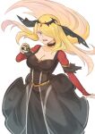  1girl armlet black_dress black_veil blonde_hair breasts circlet cleavage cynthia_(pokemon) dress floating_hair grey_eyes hair_ornament hair_over_one_eye hand_up highres holding holding_poke_ball large_breasts long_hair looking_at_viewer magicfishtaco official_alternate_costume open_mouth poke_ball pokemon pokemon_(game) pokemon_masters_ex simple_background solo teeth ultra_ball white_background 