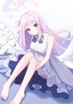  1girl angel_wings bare_legs bare_shoulders barefoot blue_archive crescent dress feathered_wings flower hair_flower hair_ornament halo highres hugging_own_legs mika_(blue_archive) mugenmarine no_capelet no_legwear pink_hair sleeveless solo white_dress wings 