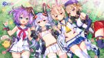  4girls animal_ears armpit_crease ayanami_(azur_lane) azur_lane bare_arms bare_shoulders belt beret bikini bikini_top_only black_choker black_shirt blonde_hair blue_skirt breasts choker crop_top detached_sleeves dress fake_animal_ears gold_trim hat highres holding_hands jacket javelin_(azur_lane) laffey_(azur_lane) large_breasts long_hair long_sleeves looking_at_viewer lying manjuu_(azur_lane) mechanical_ears midriff miniskirt multiple_girls murakami_yuichi navel neckerchief official_art on_back open_clothes open_jacket orange_eyes pleated_skirt ponytail purple_eyes rabbit_ears red_skirt retrofit_(azur_lane) revealing_clothes sailor_collar school_uniform serafuku shirt skirt sleeveless sleeveless_dress sleeveless_jacket smile stomach swimsuit thighs white_bikini white_dress white_legwear white_shirt white_skirt wide_sleeves z23_(azur_lane) zettai_ryouiki 