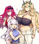  3girls bandeau bangs bare_shoulders blonde_hair blue_shirt blue_shorts blush breasts brown_eyes cleavage collarbone crossed_arms fairy_knight_gawain_(fate) fairy_knight_lancelot_(fate) fairy_knight_tristan_(fate) fate/grand_order fate_(series) forked_eyebrows green_eyes grey_eyes horns large_breasts long_hair looking_at_viewer melon22 multiple_girls muscular muscular_female navel one_eye_closed open_mouth pants pink_hair pointy_ears red_tank_top shirt shorts sidelocks sleeveless sleeveless_shirt small_breasts smile tank_top thighs translation_request white_hair white_pants 