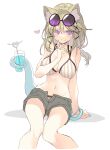  1girl arknights bikini crazy_straw drinking_straw eyewear_on_head fang grey_shorts heart_straw official_alternate_costume purple-tinted_eyewear satou_kibi shorts sitting skin_fang striped striped_bikini sunglasses swimsuit tinted_eyewear utage_(arknights) utage_(summer_flowers)_(arknights) vertical-striped_bikini vertical_stripes 