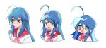  3girls absurdres ahoge blue_hair blush_stickers chibi eyebrows_visible_through_hair green_eyes highres izumi_konata long_hair lucky_star mazamuno mole mole_under_eye multiple_girls neckerchief open_mouth pink_neckerchief red_sailor_collar sailor_collar school_uniform serafuku sidelocks smile 