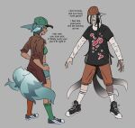  2022 alternate_costume animal_humanoid anthro baseball_cap beanie canid canid_humanoid canine canine_humanoid clothing cookies_and_cream_(glacierclear) female footwear fox_humanoid grey_background hadmyway hair hair_over_eye hat headgear headwear hi_res humanoid mammal mammal_humanoid mint_chip_(glacierclear) multi_tail one_eye_obstructed shoes simple_background sneakers socks vitiligo 