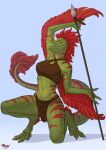  anthro arm_feathers clothed clothing digital_media_(artwork) dinosaur dromaeosaurid feathered_arms feathers female green_body hi_res maaia melee_weapon paws polearm reptile scales scalie spear striped_body stripes theropod weapon winged_arms wings 