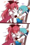  ! !! 2girls absurdres aqua_eyes aqua_hair armpits black_bow blue_hair blush bow cape clenched_teeth closed_eyes detached_sleeves french_kiss from_side hair_bow highres jx2_(jennyiq) kiss licking_lips long_hair mahou_shoujo_madoka_magica miki_sayaka multiple_girls polearm ponytail red_eyes red_hair restrained sakura_kyouko short_hair sweatdrop teeth tongue tongue_out weapon white_background white_cape yuri 