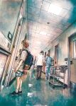  4boys backpack bag brown_hair commentary doctor door full_body hallway hospital indoors kobone_awaki labcoat light light_particles male_focus multiple_boys nurse original shoes short_hair shorts sneakers 