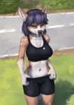  2022 aldea_(character) anthro blep blue_hair bottomwear bottomwear_down brown_eyes cervid clothed clothing female foxovh fur hair hi_res looking_at_viewer mammal multicolored_body multicolored_fur navel outside pants pants_down partially_clothed solo street tan_body tan_fur tongue tongue_out two_tone_body two_tone_fur white_body white_fur 
