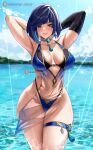  1girl armpits arms_behind_head arms_up bangs bikini blue_bikini blue_hair blue_sky blush bob_cut braid breasts cloud collarbone covered_navel cowboy_shot day diagonal_bangs dice english_commentary enmanuelart20 gem genshin_impact green_eyes grin highleg highleg_bikini highres hip_focus large_breasts open_mouth outdoors patreon_username pelvic_curtain see-through short_hair silver_choker single_sleeve sky smile solo sparkle swimsuit tassel teeth thigh_strap upper_teeth vision_(genshin_impact) water watermark web_address wet wide_hips yelan_(genshin_impact) 