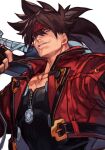  1boy black_shirt brown_hair fingerless_gloves fireseal gloves guilty_gear hair_between_eyes headband hungry_clicker jacket male_focus over_shoulder ponytail red_jacket shirt sol_badguy solo spiked_hair sword upper_body weapon weapon_over_shoulder white_background 