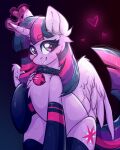  &lt;3 bell bell_collar clothing collar equid equine fluffy footwear friendship_is_magic glowing hair hasbro hi_res horn looking_at_viewer magic mammal my_little_pony purple_eyes purple_hair rico_chan smile socks twilight_sparkle_(mlp) winged_unicorn wings 