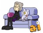  ai:_the_somnium_files aiba_(ai:_the_somnium_files) black_footwear black_jacket black_pants character_request couch english_commentary full_body garfield highres jacket jim_davis_(style) logo medium_hair pants pillow simple_background sitting somniumfriend white_background 