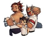  3boys algernon_(housamo) bandaid bandaid_on_face bandaid_on_nose bara beard boogeyman_(housamo) brown_eyes brown_hair collared_shirt cropped_torso facial_hair gloves goatee half-closed_eyes helmet long_sideburns looking_at_another male_focus master_1_(housamo) mid_(mid_skb) multicolored_hair multiple_boys muscular muscular_male open_mouth red_eyes scar scar_on_face shirt short_hair shovel sideburns size_difference smile tank_top thick_arms thick_eyebrows tokyo_afterschool_summoners trowel two-tone_hair upper_body white_background white_gloves white_shirt white_tank_top 