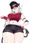  1girl absurdres demon_girl demon_horns demon_tail gloves helltaker highres horns justice_(helltaker) navel police police_uniform red_gloves sunglasses tail thighs uniform whoopsatro 