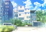  absurdres apartment blue_sky building bush cloud cloudy_sky commentary_request daidai_(daidai826) fence ground_vehicle highres lamppost motor_vehicle no_humans original outdoors road scenery sky street traffic_cone tree van 
