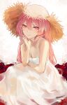  1girl absurdres blush breasts cleavage dress flower hat highres long_hair looking_at_viewer naokomama nijisanji nijisanji_en pink_hair red_eyes red_flower red_rose rose rosemi_lovelock sitting sleeveless small_breasts solo squatting straw_hat virtual_youtuber white_background white_dress 