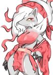  anthro asian_clothing bandanna breasts canid canine claws clothed clothing clothing_lift dipstick_hair east_asian_clothing eyelashes facial_markings featureless_breasts female fur grey_body grey_fur hair head_markings hi_res hisuian_zoroark japanese_clothing kerchief kimono long_hair mammal markings nintendo pok&eacute;mon pok&eacute;mon_(species) red_body red_eyes red_fur regional_form_(pok&eacute;mon) simple_background sketch solo standing topless torn_clothing uniform uyu video_games white_background white_body white_fur yellow_sclera 
