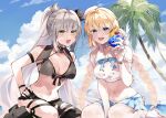  2girls absurdres ahoge alternate_costume alternate_hairstyle anchor_choker asymmetrical_clothes bangs bare_shoulders bikini bikini_top_only black_bikini black_headwear black_nails black_shorts black_swimsuit blonde_hair blue_eyes blue_ribbon blue_skirt blue_sky braid breasts buttons choker cleavage cloud collarbone commentary_request day drink eyebrows_visible_through_hair fate/grand_order fate_(series) grey_hair hair_between_eyes hand_on_hip hat highres holding holding_drink jeanne_d&#039;arc_(fate) jeanne_d&#039;arc_(mystery_treasure)_(fate) jeanne_d&#039;arc_alter_(fate) jeanne_d&#039;arc_alter_(mystery_treasure)_(fate) long_hair looking_at_viewer medium_breasts midriff mini_hat miniskirt misaki346 multiple_girls navel neck_ribbon official_alternate_costume official_alternate_hairstyle open_mouth outdoors palm_tree pants pleated_skirt ponytail ribbon sailor_collar sailor_hat short_shorts shorts signature single_pantsleg sitting skirt sky sleeveless smile split_ponytail sunlight swimsuit torn_clothes torn_pants tree twin_braids very_long_hair wariza white_headwear white_legwear yellow_eyes 