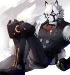  anthro canid canine canis clothed clothing finger_ring fingerless_gloves fur gloves hair handwear harness leash looking_at_viewer male mammal mechanical_leg raised_leg simple_background solo suit white_background white_body white_fur white_hair wolf zenless_zone_zero 