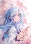  1girl bangs blue_eyes blue_hair blurry blurry_background blush branch cherry_blossoms eyebrows_visible_through_hair flower from_side highres huion kinokohime long_hair long_sleeves looking_at_viewer original parted_lips school_uniform serafuku smile solo upper_body 