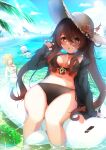  3girls absurdres bikini black_bikini blonde_hair blue_sky breasts brown_hair closed_eyes day fang genshin_impact ghost hat highres hu_tao_(genshin_impact) kaorun_(momiji_hourensou) leaf looking_at_viewer lumine_(genshin_impact) multiple_girls navel ocean open_mouth paimon_(genshin_impact) partially_submerged red_eyes scenery sitting sky small_breasts smile summer sun_hat sunlight swimming swimsuit thighs twintails white_bikini white_hair 